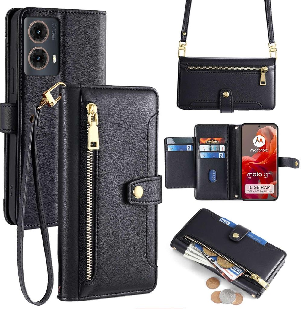 Handykette Hülle für Motorola Moto G85 mit Band Handyhülle Kartenfächer Kunstleder Umhängetasche in Schwarz