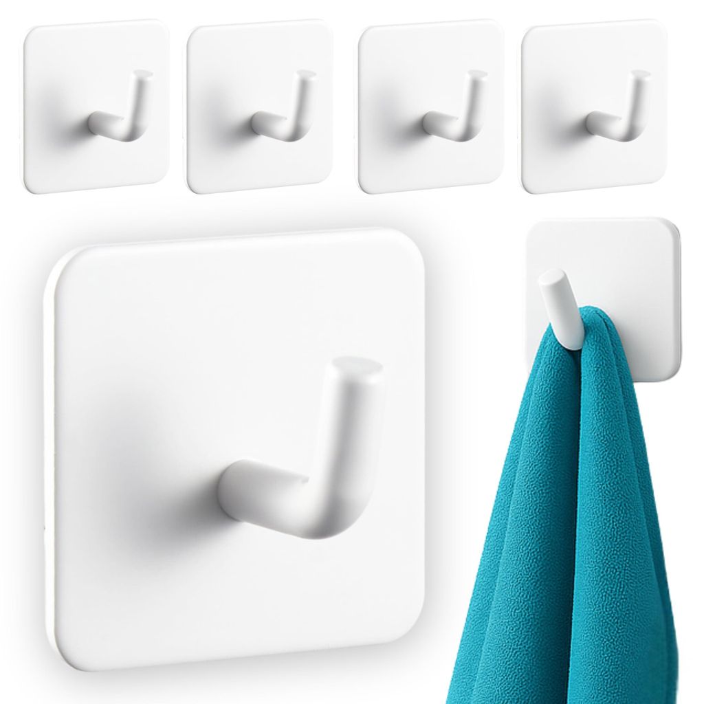 4 weiße, selbstklebende Haken, Handtuchhalter ohne Bohren, weiße Handtuchhaken, selbstklebende Haken, Wandhaken fürs Badezimmer, selbstklebende ...
