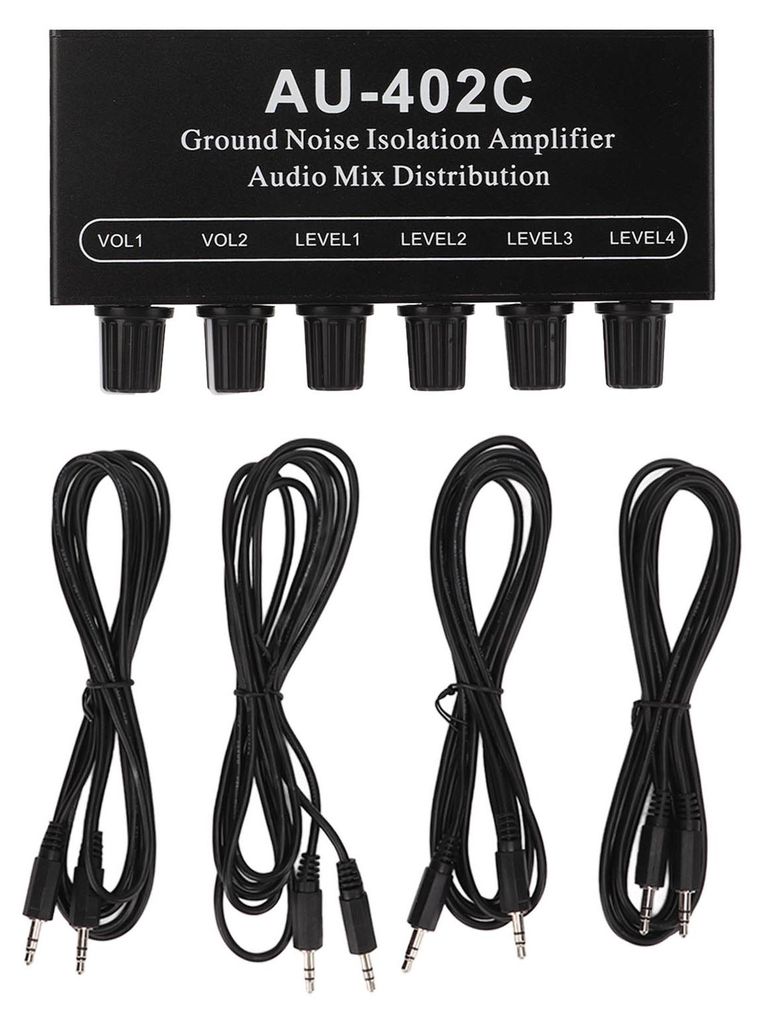 Stereo-Zweikanal-Audio-Splitter (4 Eingänge, 2 Ausgänge) mit Verstärker, Erdung und Rauschunterdrückung sowie Kabel