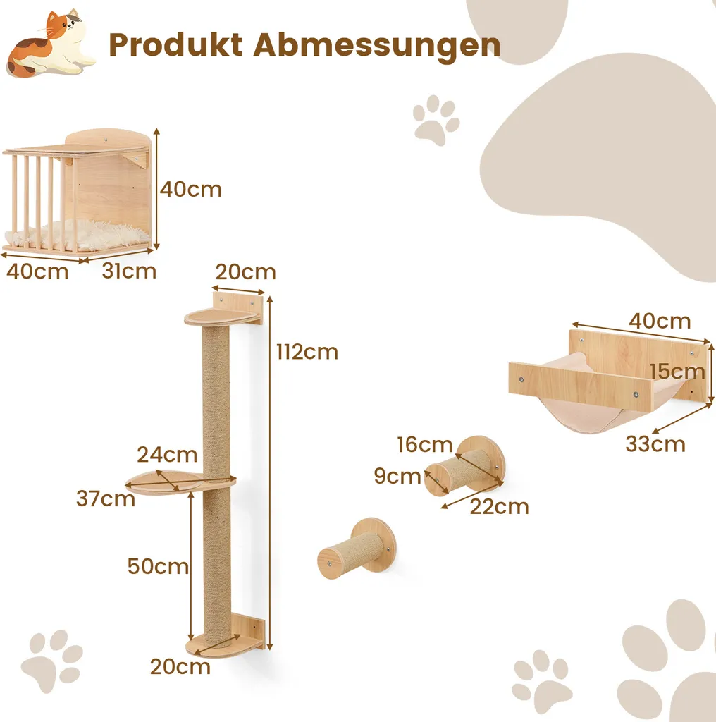 Arrampicata Gatti Parete COSTWAY 5 Pezzi: Design in Legno e Sisal - 3