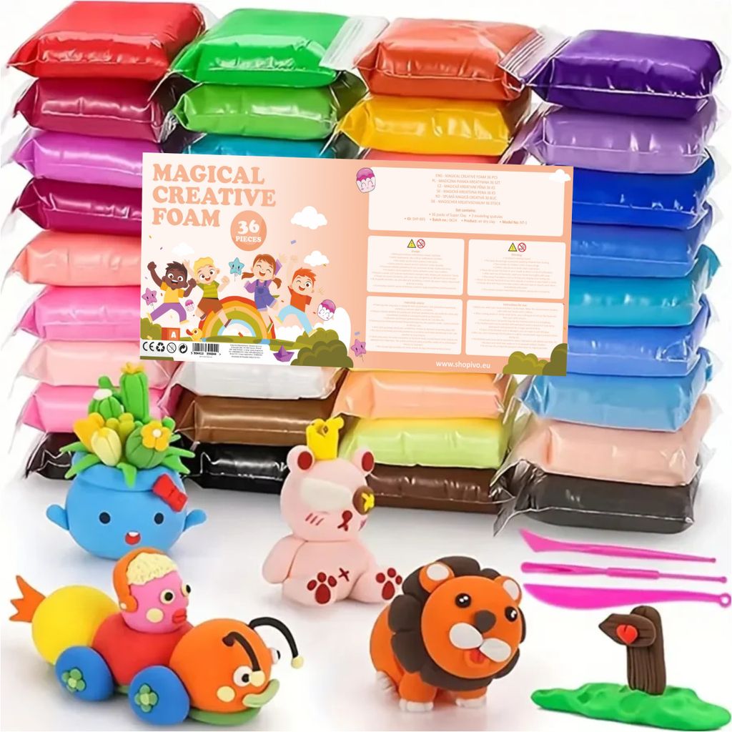 A collection of colorful modeling clay packs and several clay creations, including a potted plant, a bear, a caterpillar-like toy, and a lion.