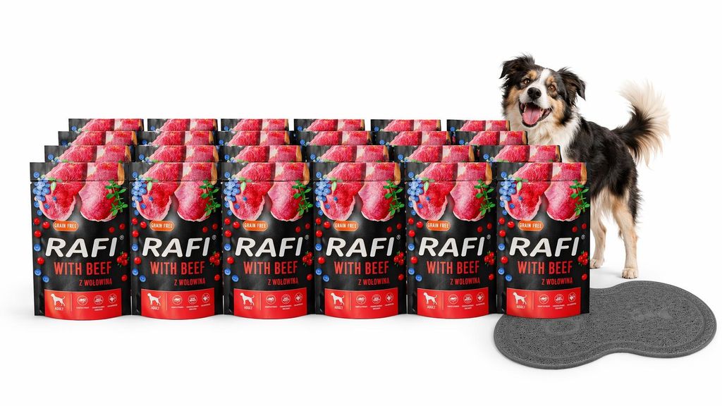 RAFI Nassfutter für Hunde mit Rind, Beutel 24x500 g, Set mit 24 Beuteln Rind 12 kg + GRATIS | Hunde-Nassfutter | Hundefutter