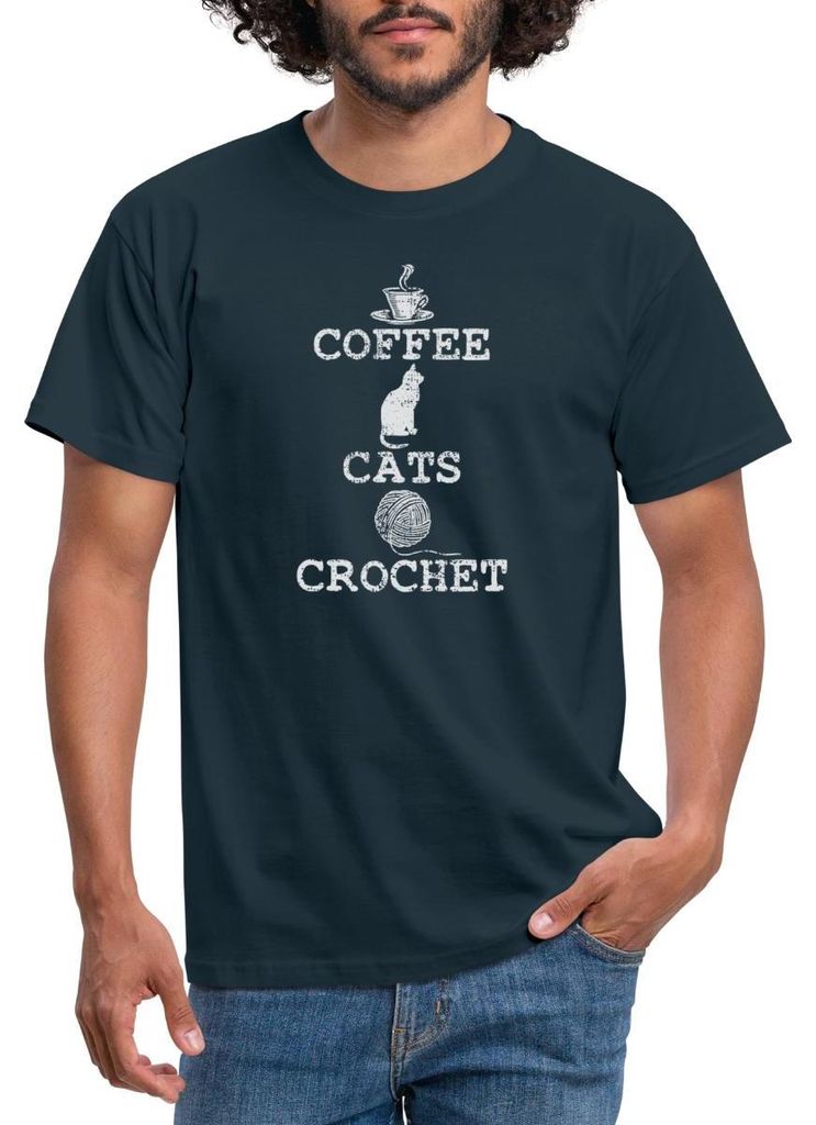 Spreadshirt Coffee Cats Crochet | Kaffee Katze Häkeln Männer T-Shirt, L, Navy