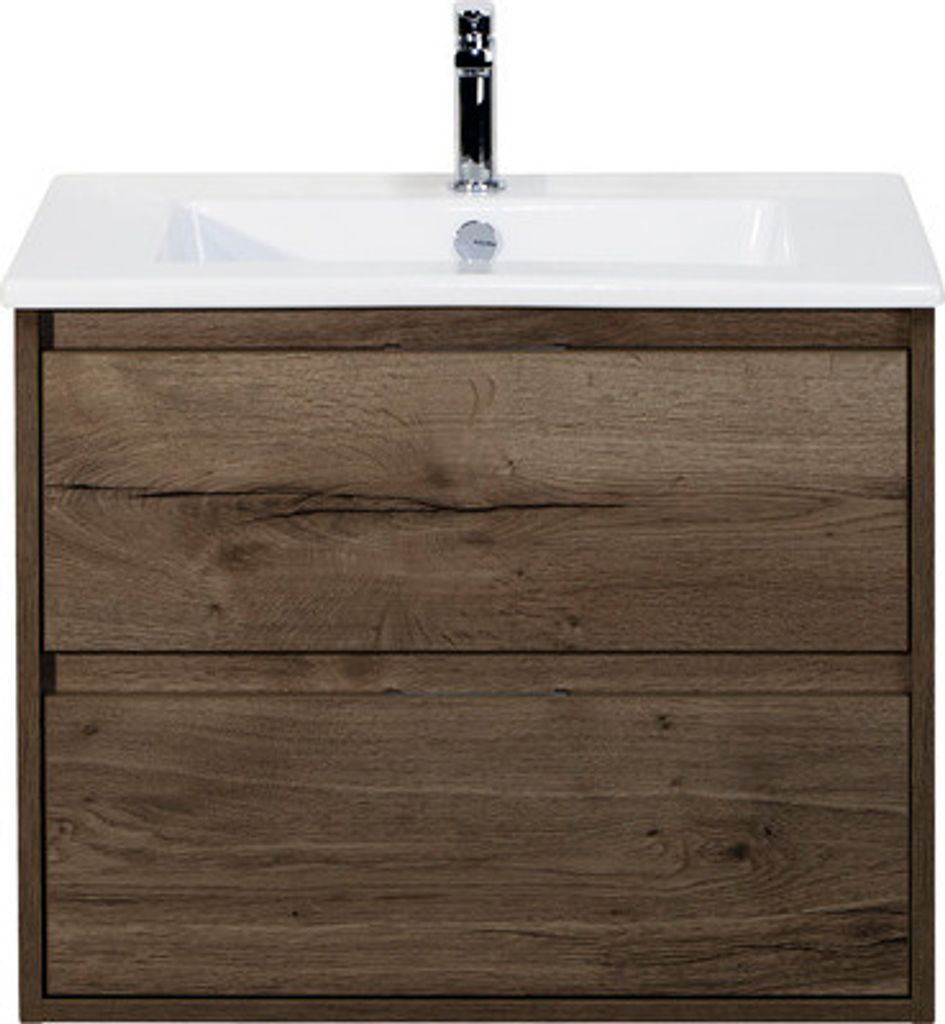 Badmöbel-Set Sanox Porto BxHxT 71 x 57 x 51 cm Frontfarbe tabacco mit Waschtisch Keramik weiß