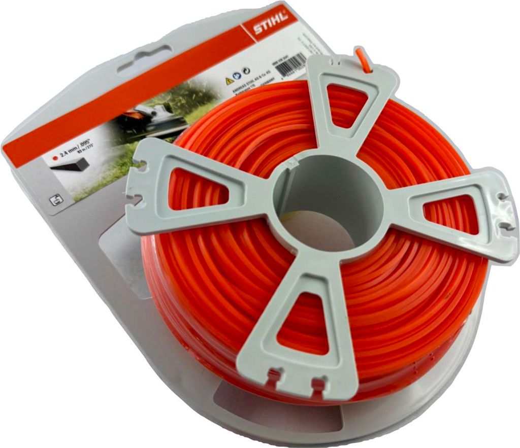 A spool of orange trimmer line on a gray plastic holder, with packaging in the background.
