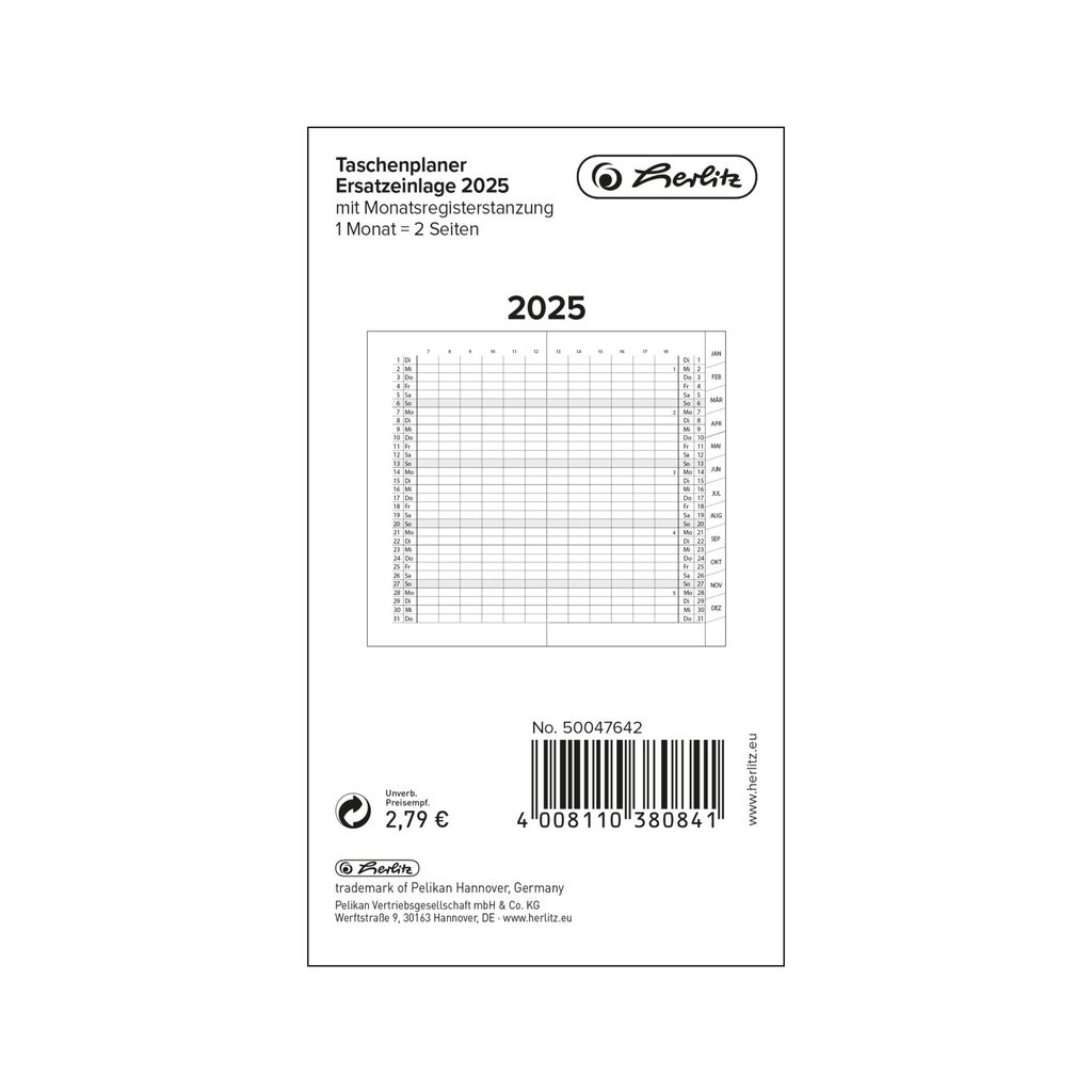 Herlitz Taschenplaner 2025 Monatsregisterstanzung geheftet