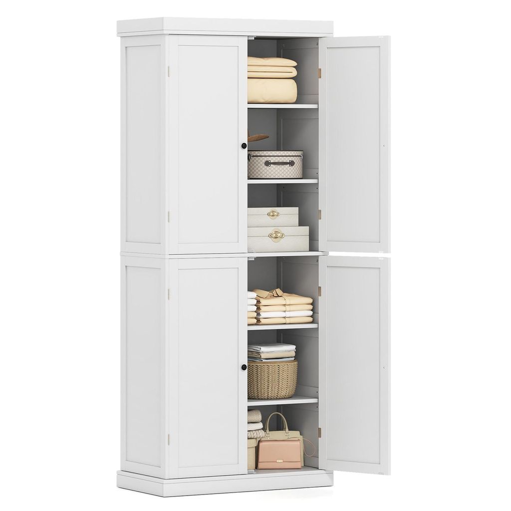 A white four-door storage cabinet with its doors open, revealing shelves stocked with folded towels, boxes, and baskets.
