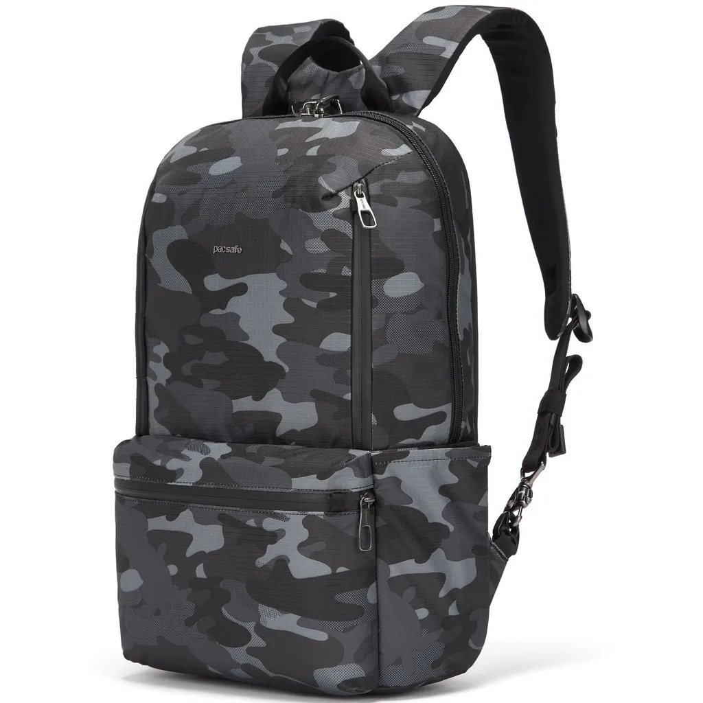 Sac à dos urbain gris camouflage Pacsafe Metrosafe X en tissu recyclé