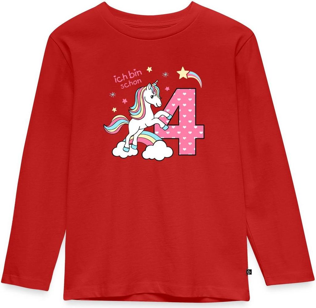 Spreadshirt Ich Bin Schon Vier Einhorn Kinder Premium Langarmshirt, 122/128 (6 Jahre), Rot