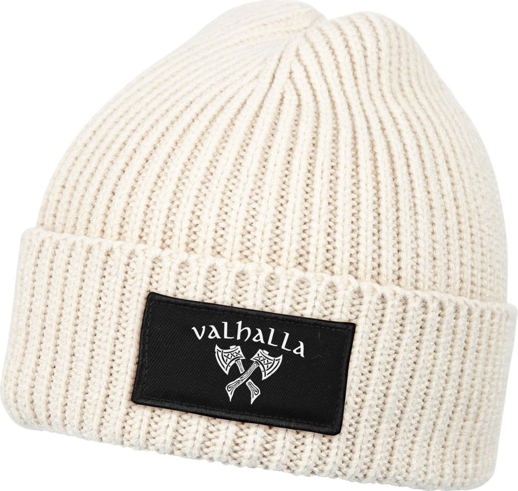 Herren Beanie Wintermütze Patch Valhalla Viking Axt Nordische Mythologie Odin Print Streetstyle Strickmütze Rippstrick Neverless
