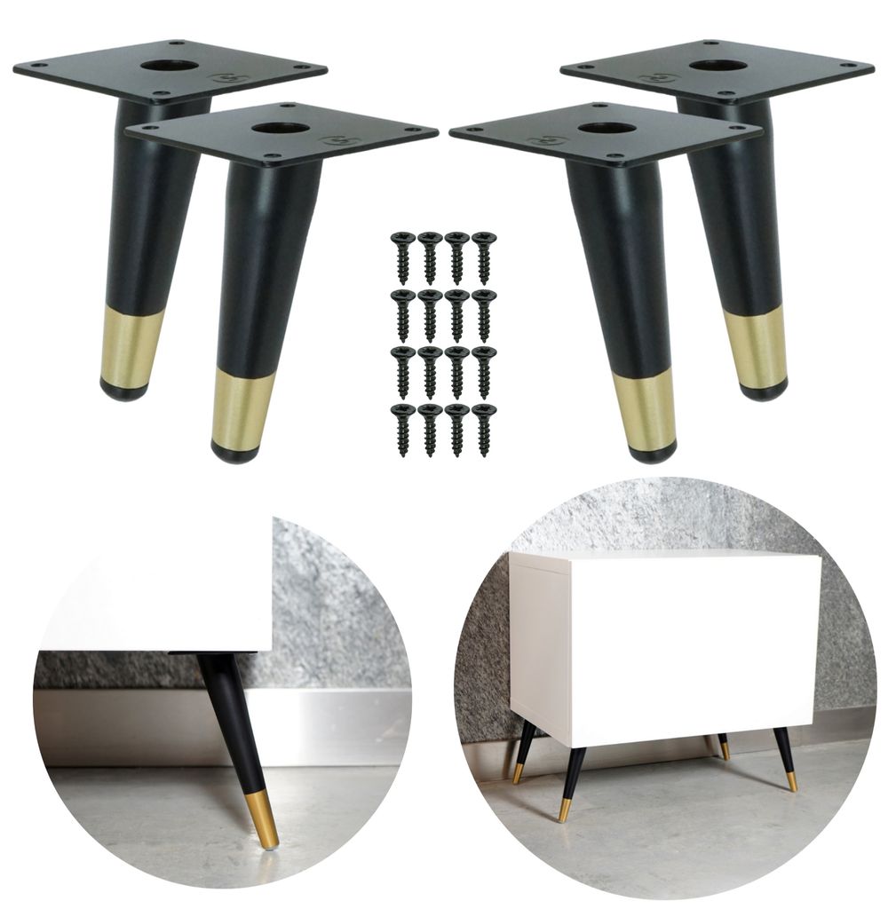 Schräges Stahl Möbelbein konisch 13 cm, mit Montageplatte und Schrauben, schwarz + Messing, 4 Stück
