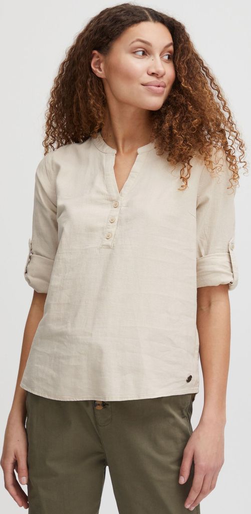 OXMO OXANJA Damen Bluse aus Leinenmix Shirt Langarm klassisch mit V-Ausschnitt und Knöpfen Regular Fit und Knöpfbare Ärmel