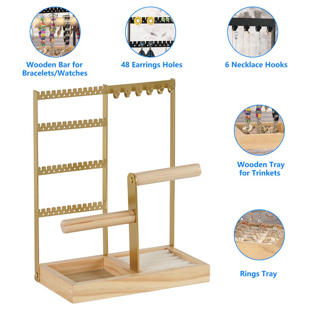 Multi-Tier-Schmuck Organizer Ständer mit Holzschalen stabile Struktur Halsketten Ohrringe Armbänder Ringe 48 Ohrringlöcher 6 Halskettenregale-Go...