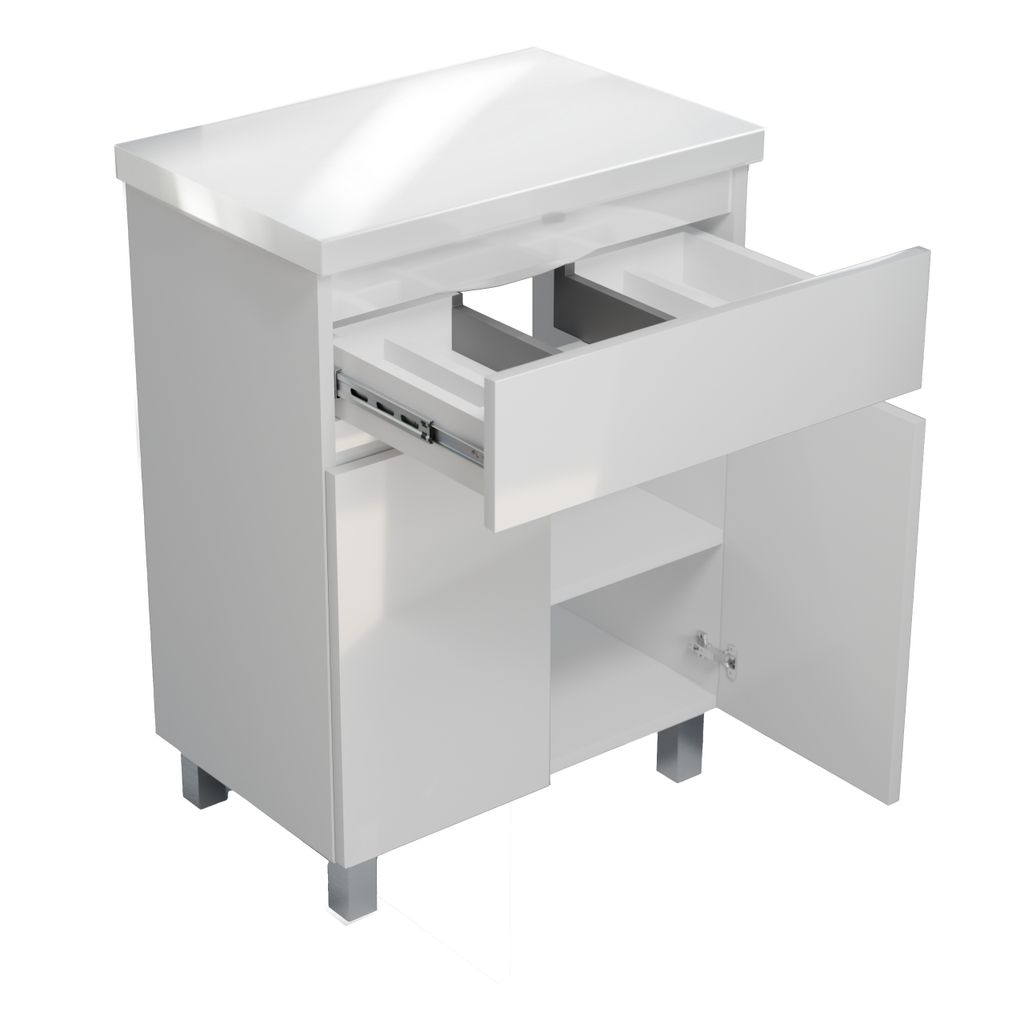 Waschbeckenunterschrank Badmöbelset Hochglanz MDF Arbeitsplatte Gäste WC Ariza 60 Schublade Einlegeböden Türen Toilette Kommode Sink Weiß Badm...