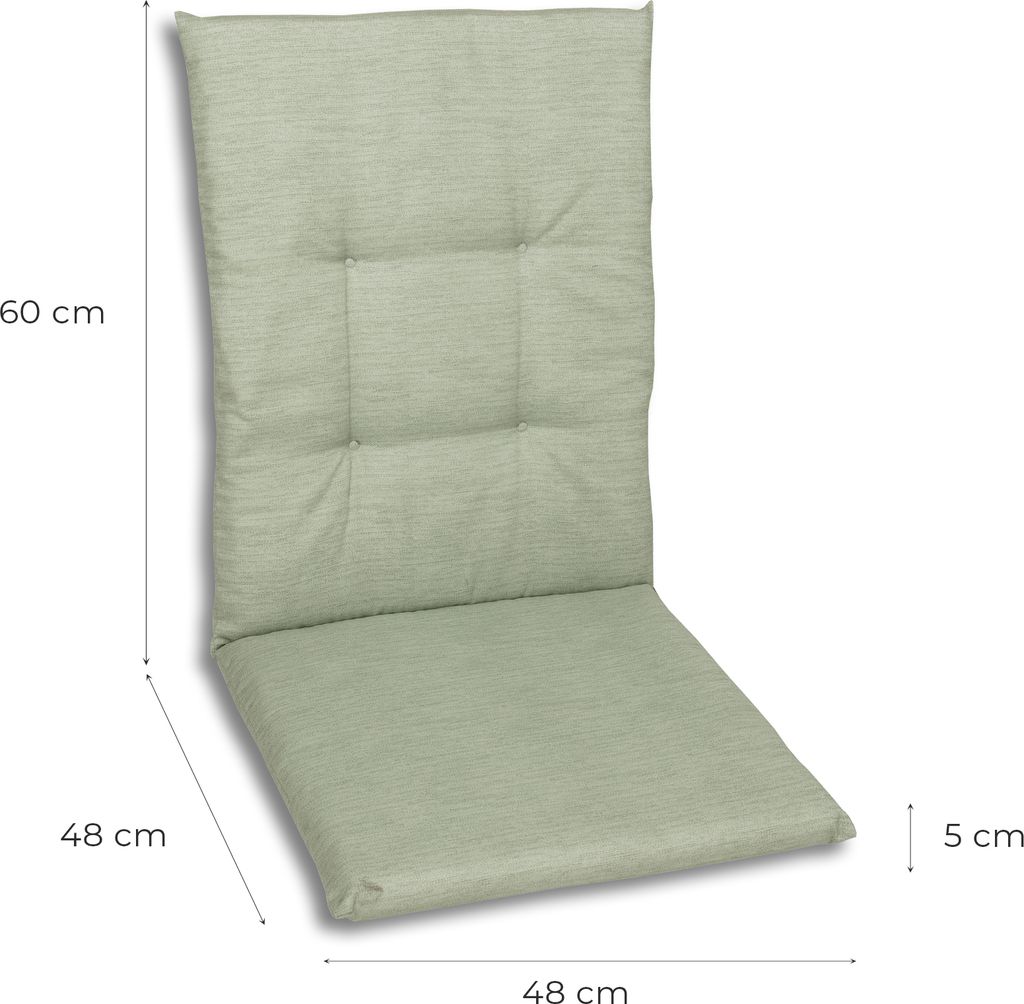 A light green chair cushion with dimensions indicated.