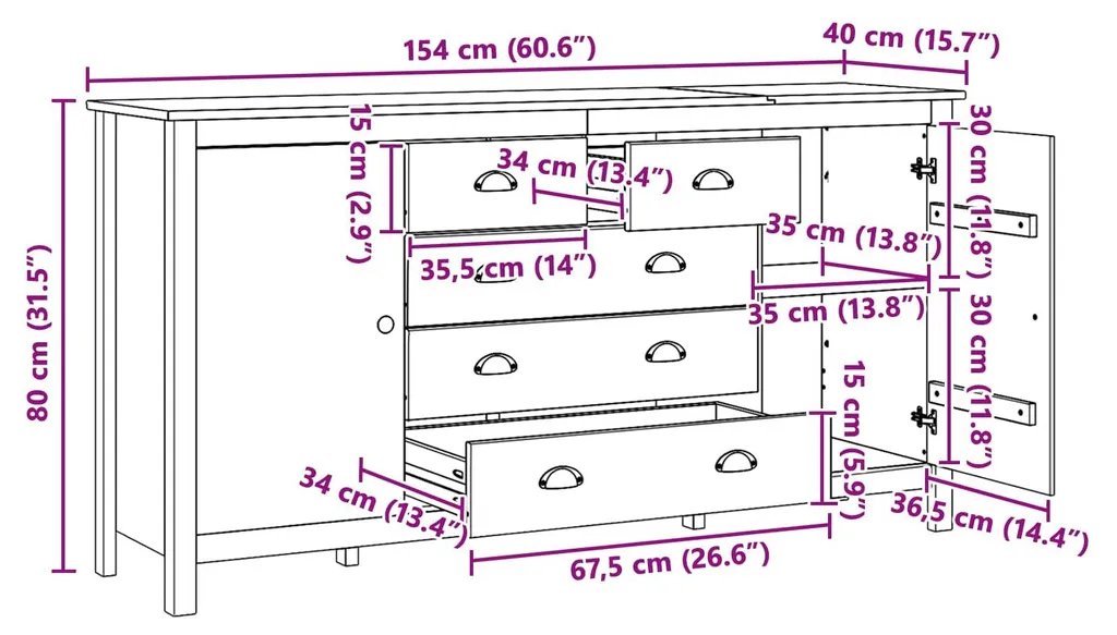 Buffet HILL Pin Massif 154cm : Robustesse et Finition Brun Miel Bio - 8