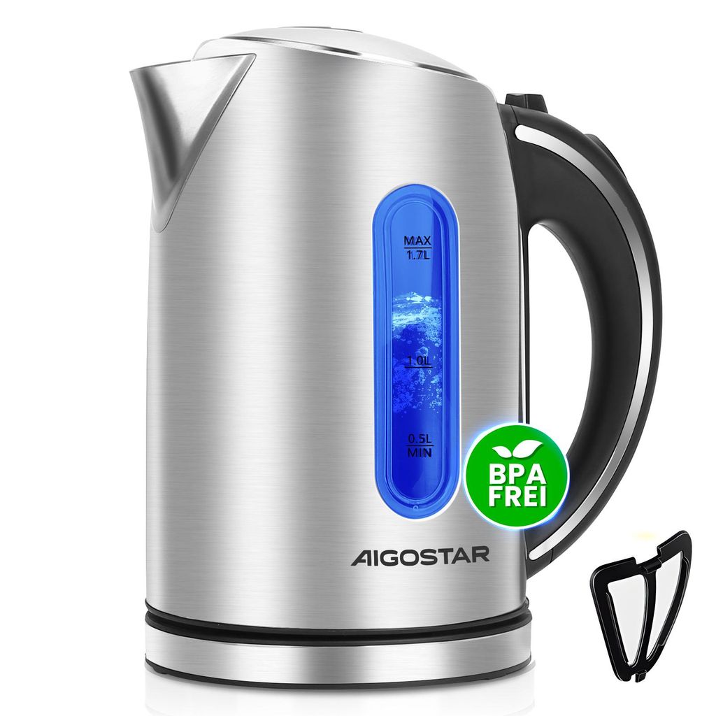 Aigostar - Wasserkocher Edelstahl 1,7L, 2200W, mit Kalkfilter, LED Beleuchtung, Mit Wasserstandsanzeige, Schnelles Kochen, Abschaltautomatik, BPA frei