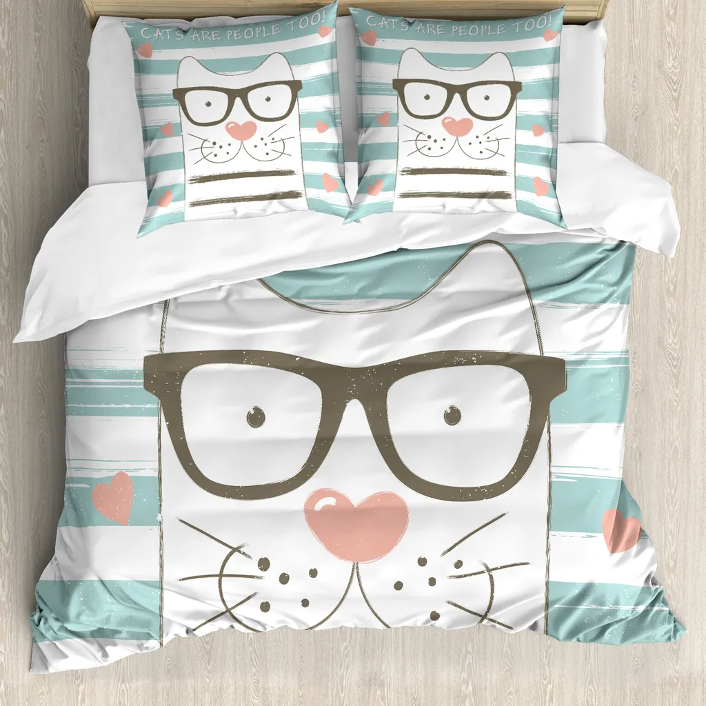 ABAKUHAUS Copripiumino per animali domestici, disegno hipster con gatti, antiacaro e anallergico, con federe, 155 cm x 220 cm - 80 x 80 cm, bianco, blu e rosa