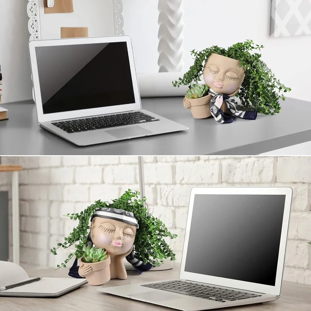 Cache-pot visage avec deux compartiments design artistique 18cm gris