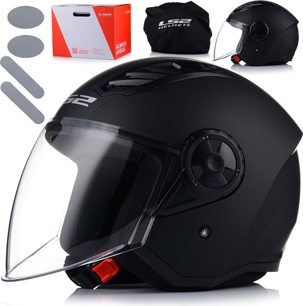 A black LS2 jet helmet with a clear visor, shown with its packaging and accessories.