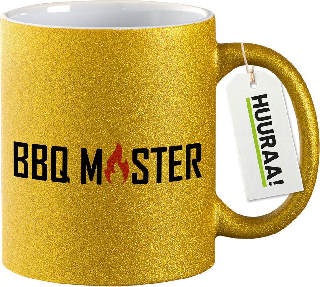Huuraa Glitzertasse BBQ Master Grillen 330ml Gold Keramik Kaffeebecher Geschenkidee