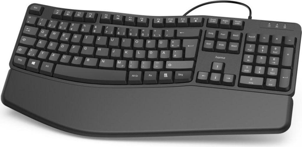 A black ergonomic keyboard with a wrist rest is shown from a slightly elevated front-left angle against a white background.