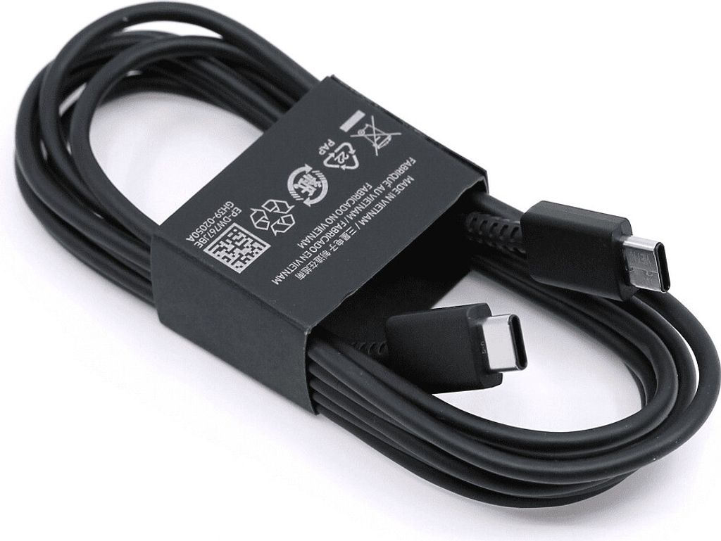 A black USB-C to USB-C cable coiled and held together by a black paper band.