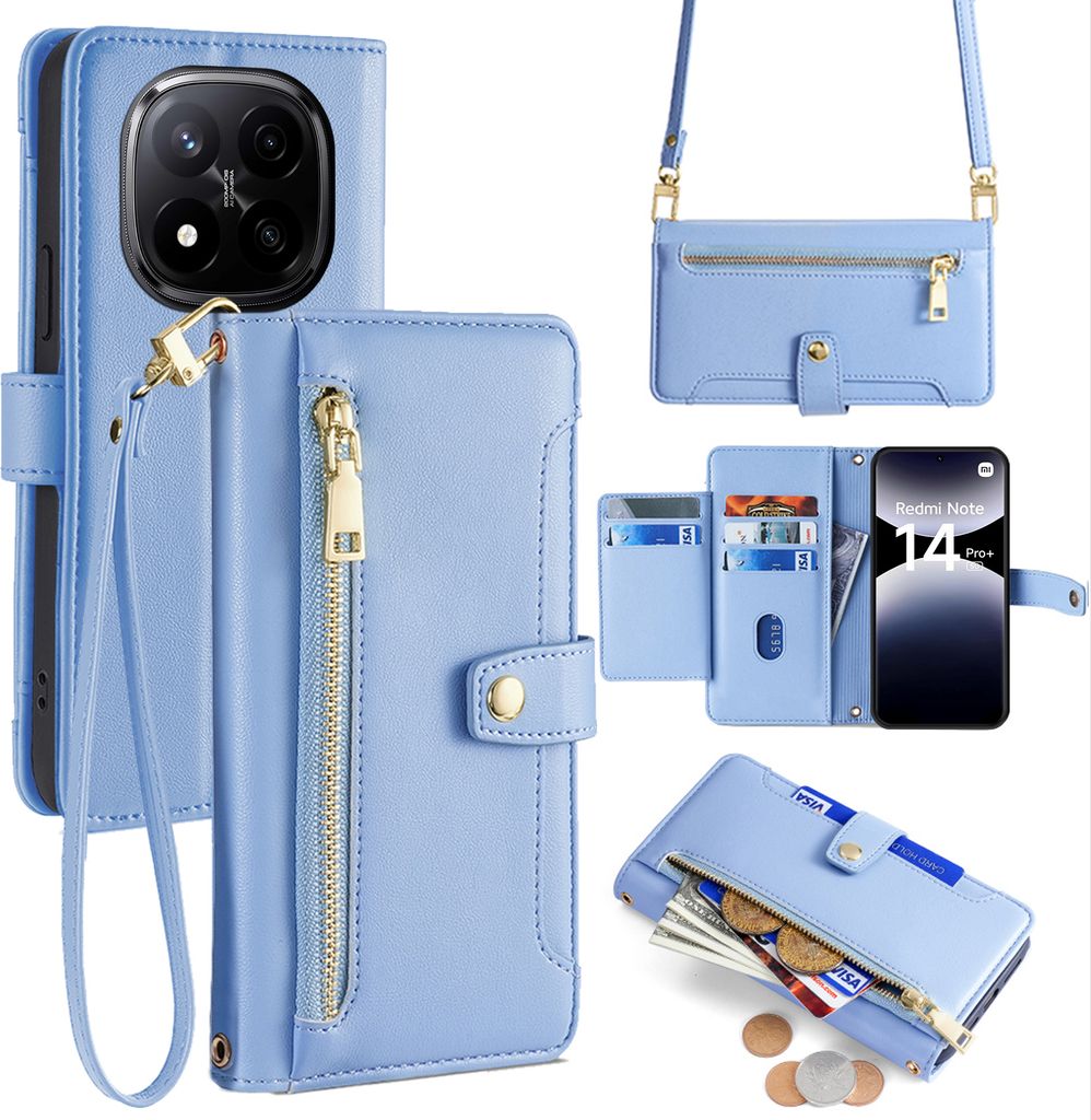 Handykette Xiaomi Redmi Note 14 Pro+ Hülle mit Band Handyhülle Kartenfächer Kunstleder Umhängetasche in Hellblau