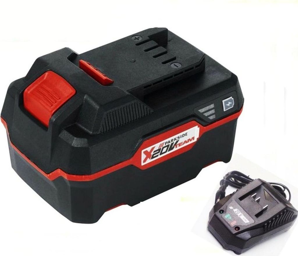 A black and red battery pack and a black charger are shown on a white background.