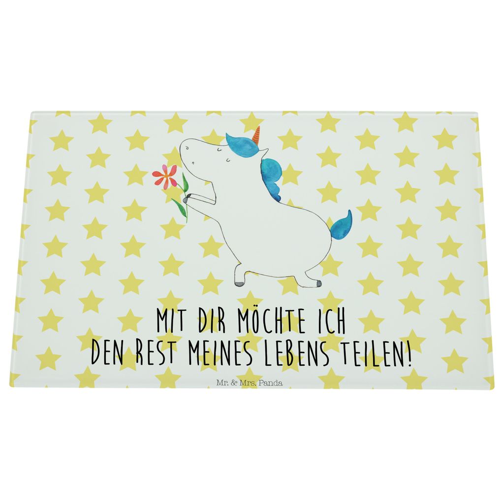 Mr. & Mrs. Panda Hackbrett Einhorn Blume - Weiß - Geschenk, Schneidplatte Glas, Liebe, Einhörner, Unicorn, schneidbrett, Freund, Schneidebrett Au...