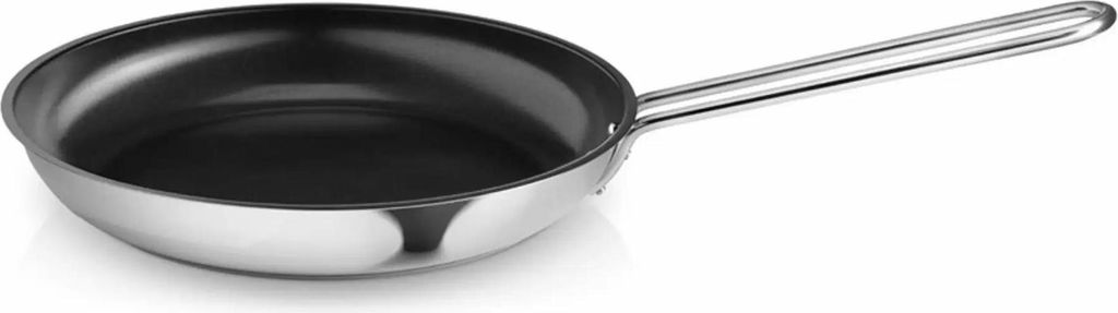 A stainless steel frying pan with a black interior is shown against a white background.