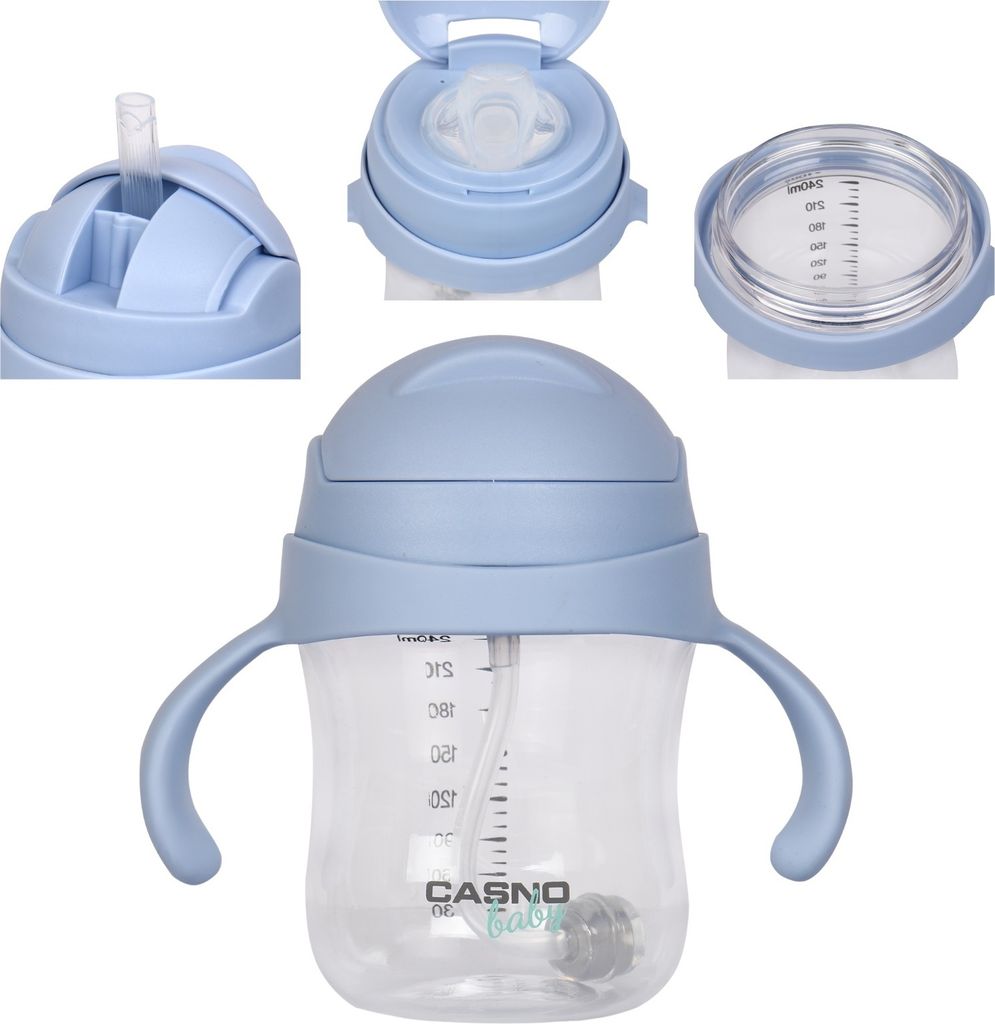 Casno Trinkflasche für Kinder mit beschwertem Trinkhalm, 240 ml. Hellblau..