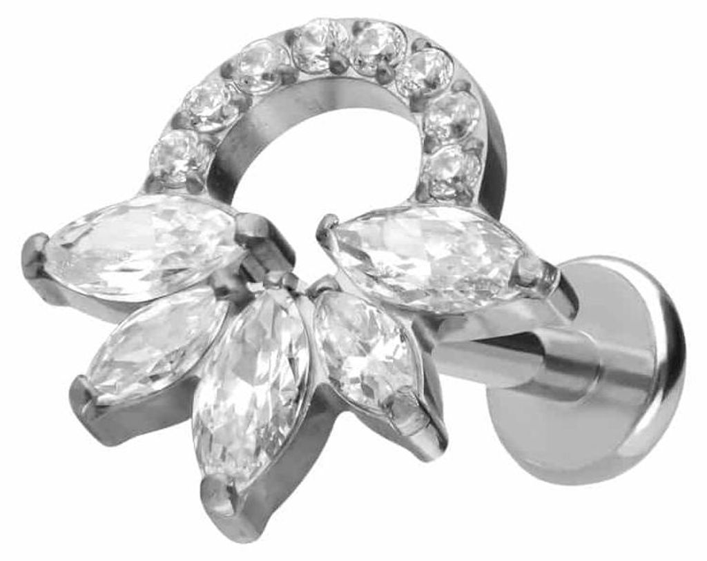 Ohrpiercing, Nasenpiercing Titan Labret mit Push Fit KRISTALLRASSEL Silber Stablänge: 6mm | Stabstärke: 1,2mm