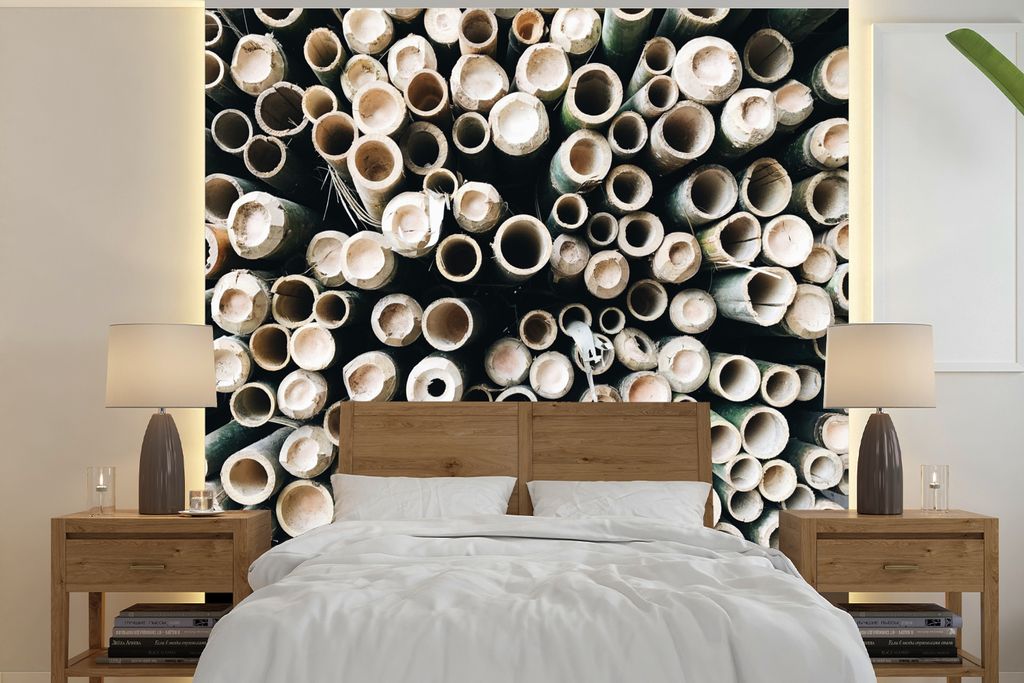 MuchoWow Fototapete für Wohnzimmer oder Schlafzimmer Wandtapete Vinyl Motivtapete Bambus - Grün - Weiß - 240x240 cm - Schlafzimmer-Tapete