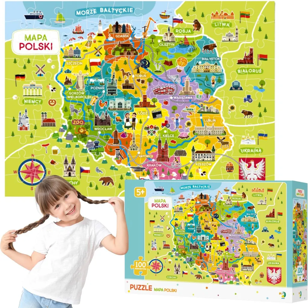 Puzzle Carte de la Pologne 100 Éléments Colorés et Illustrés - 0127