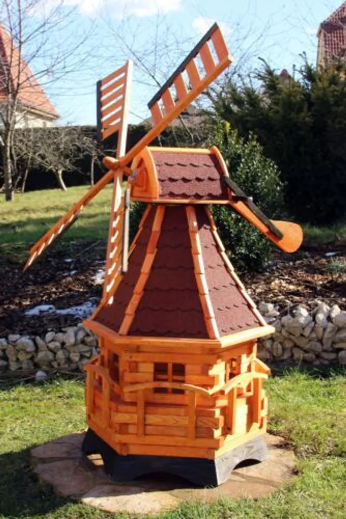 Moulin à vent bois 1,35m résistant aux intempéries avec lampe solaire