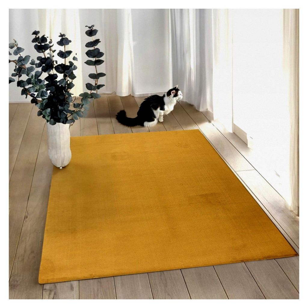 Teppich Wohnzimmer Hochflor - 80x150cm - Läufer - Gelb - Weich und Flauschig