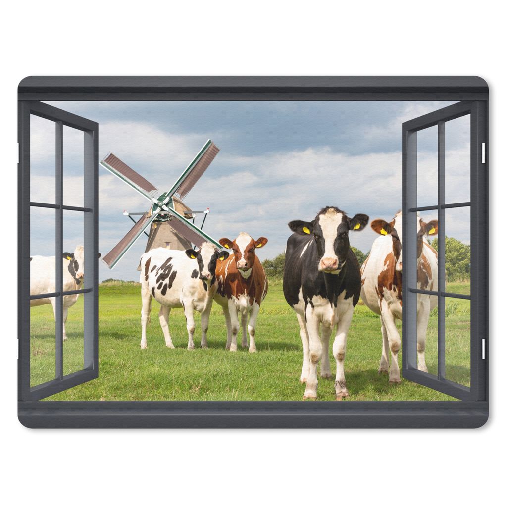 MuchoWow Mauspad Mousepad Aussicht - Kuh - Mühle - Kühe - Wiese - Gras - Grün 23x19 cm - Mousepads - Maus Mat - Pad - Mausunterlage - Schreibt...