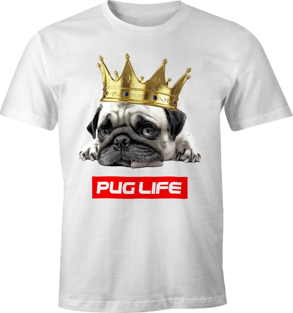 Herren T-Shirt Pug Life Mops mit Krone Fun-Shirt Moonworks weiß L
