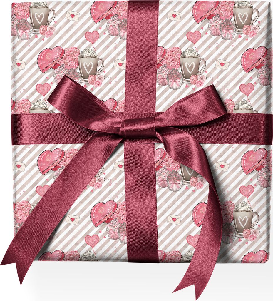 Valentinstag Liebes Geschenkpapier mit Herzen, Kaffee-Tassen, Streifen, rosa beige - G22114, 32 x 48cm