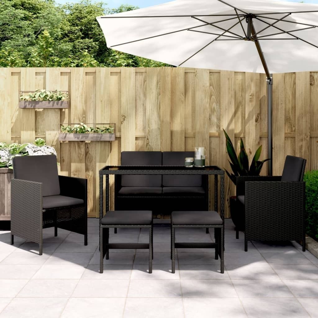 Schlichtes 6-tlg. Garten-Essgruppe Tischgruppe,Esszimmer Terassenmöbel mit Kissen Schwarz Poly Rattan DE6716