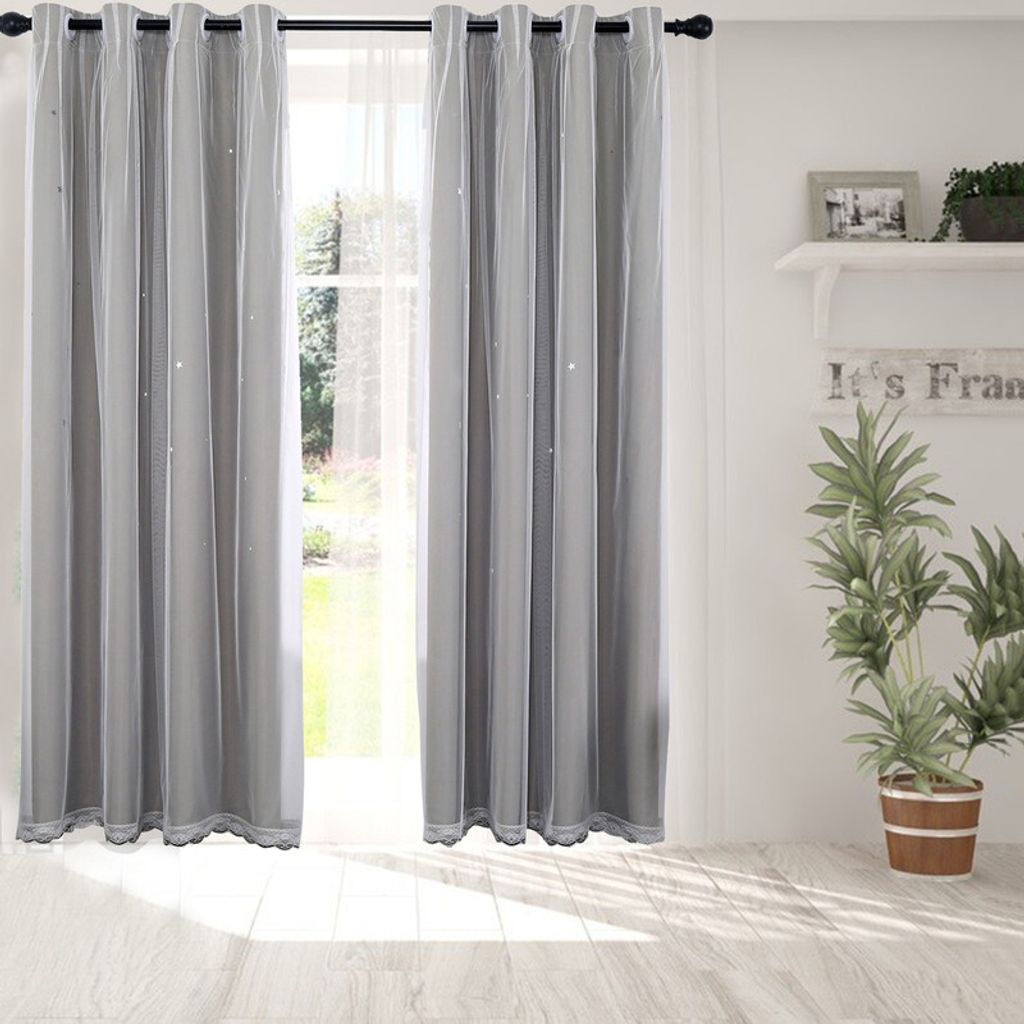 Vorhänge Sterne Verdunkelungsvorhänge, Einfarbige Double Layer Hollow Out Streifen Fenstervorhänge, 2 Panel (52*84 Zoll, Grau)
