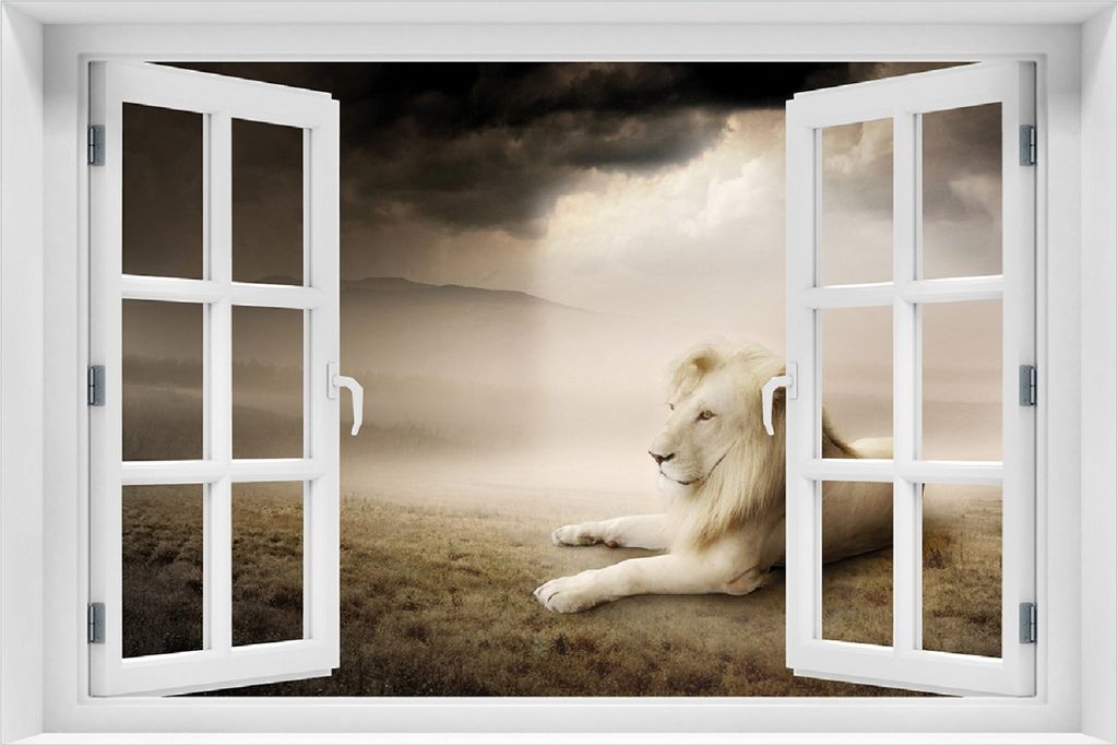 Wallario selbstklebendes Poster mit Fenster-Illusion - Stattlicher ruhender Löwe in Afrika in Sepiafarben, Größe: 100 x 150 cm