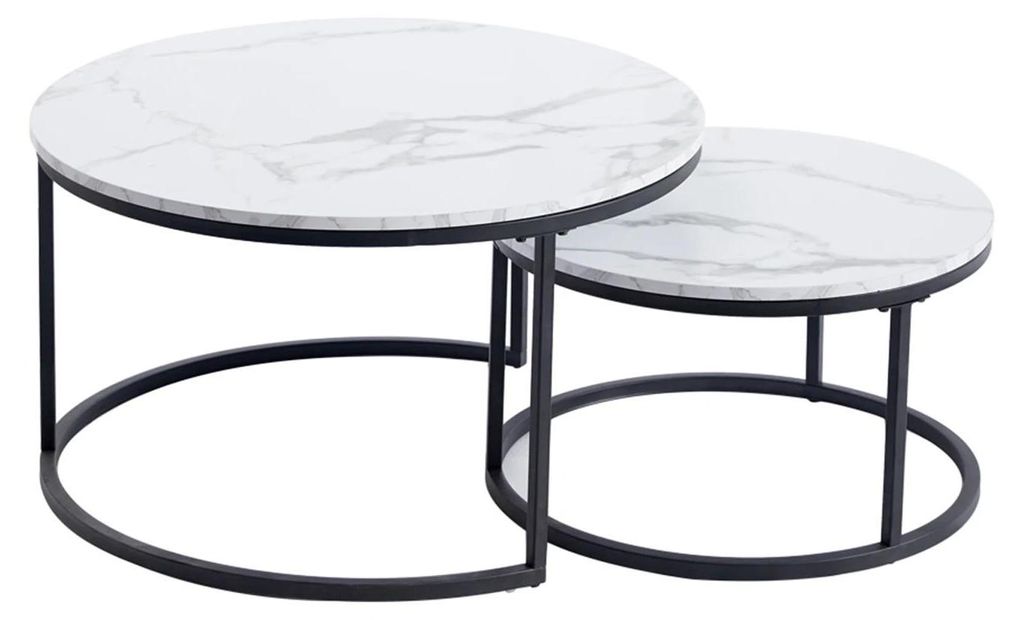 Wohnzimmer Couchtisch/Beistelltisch - Rundes 2er-Set - Marmoroptik, Modernes Design, Satztische - Ø80 cm + Ø60 cm - Schwarz