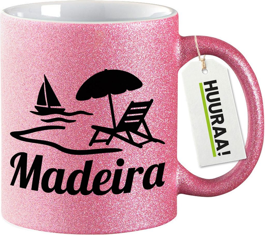 Huuraa Glitzertasse Madeira Inselmotiv Portugal 330ml Pink Keramik Kaffeebecher Geschenkidee