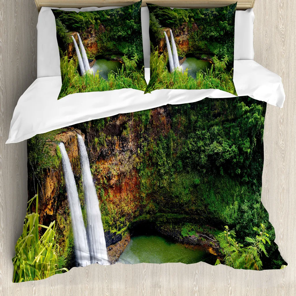ABAKUHAUS Copripiumino paesaggio, Twin Cascate Hawaii, antiacaro, adatto a chi soffre di allergie, con federe, 155 cm x 220 cm - 80 x 80 cm, verde