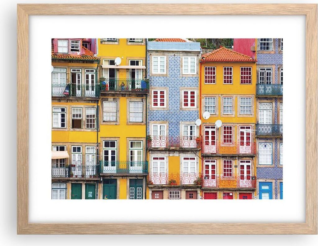 Gerahmtes Poster - Rahmen in heller Eiche - Casas Ribeira Porto - 40x30 cm - Wand Bild - Wanddeko - Wandbilder - Wandposter - Bilderrahmen - Bilder...
