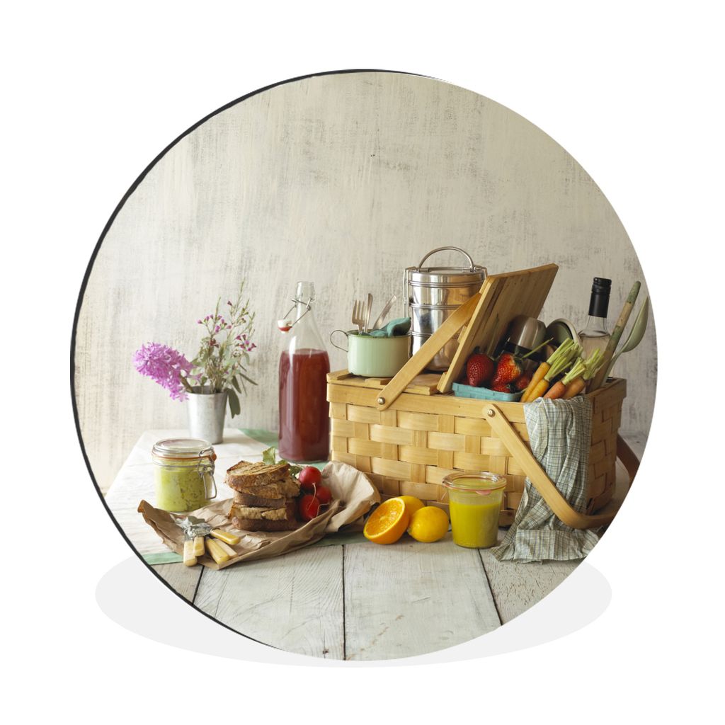 MuchoWow Aluminium Wandkreis Picknickkorb mit Essen auf einem Holzboden Ø 90 cm Wanddeko Modern Wohnzimmer - Mauerkreis - Wandbilder - Runde Bil...