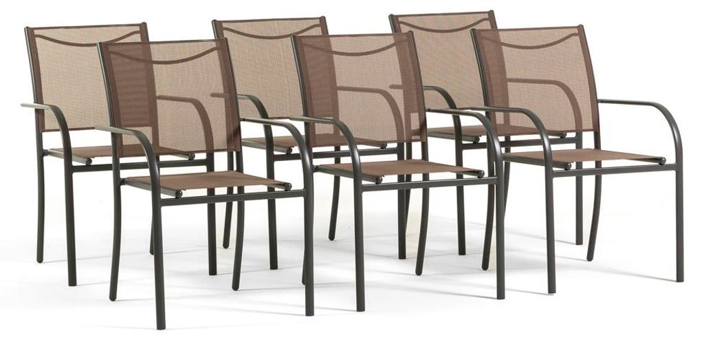 6er Set stapelbare Gartenstühle mit Armlehnen aus Stahl und 2x1 Textilene für Terrasse, Balkon, Veranda, Bar und Restaurant, platzsparend und wet...