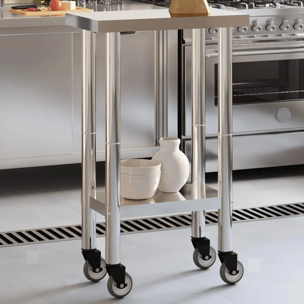 Table de travail compacte en acier inoxydable avec étagère et roues - 2